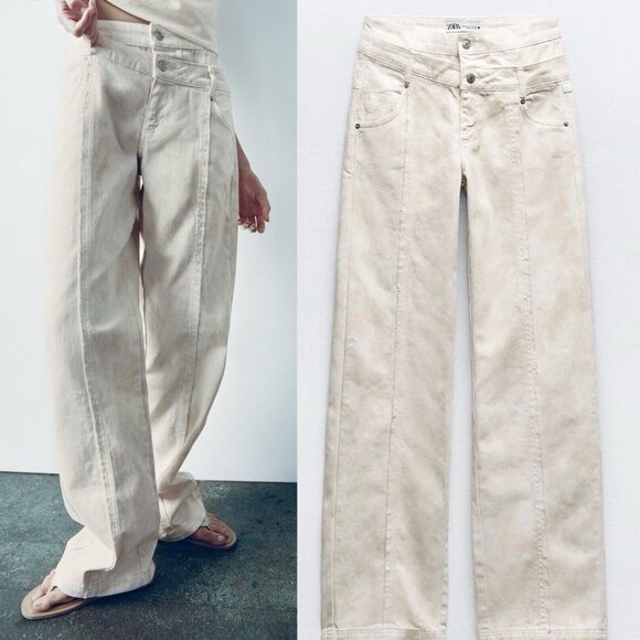 NWT New Zara Mid Rise Straight Leg Slim Fit Double Waist Tie Dye Jeans Size 8 - Picture 1 of 11